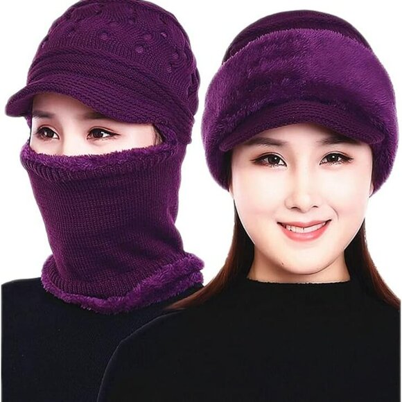 Accessories - Womens Winter Warm Elastic Soft Ear Protection Knitted Scarf Mask hat Fleece Lin